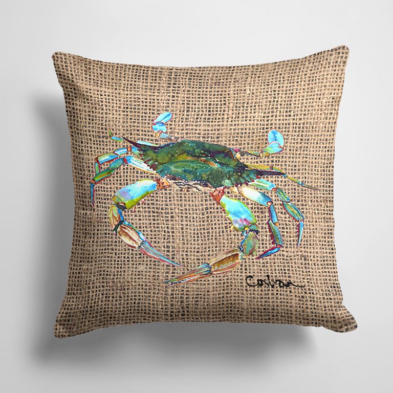 14 in x 14 in Outdoor Throw PillowBlue Crab on Faux Burlap Fabric Decorative Pillow