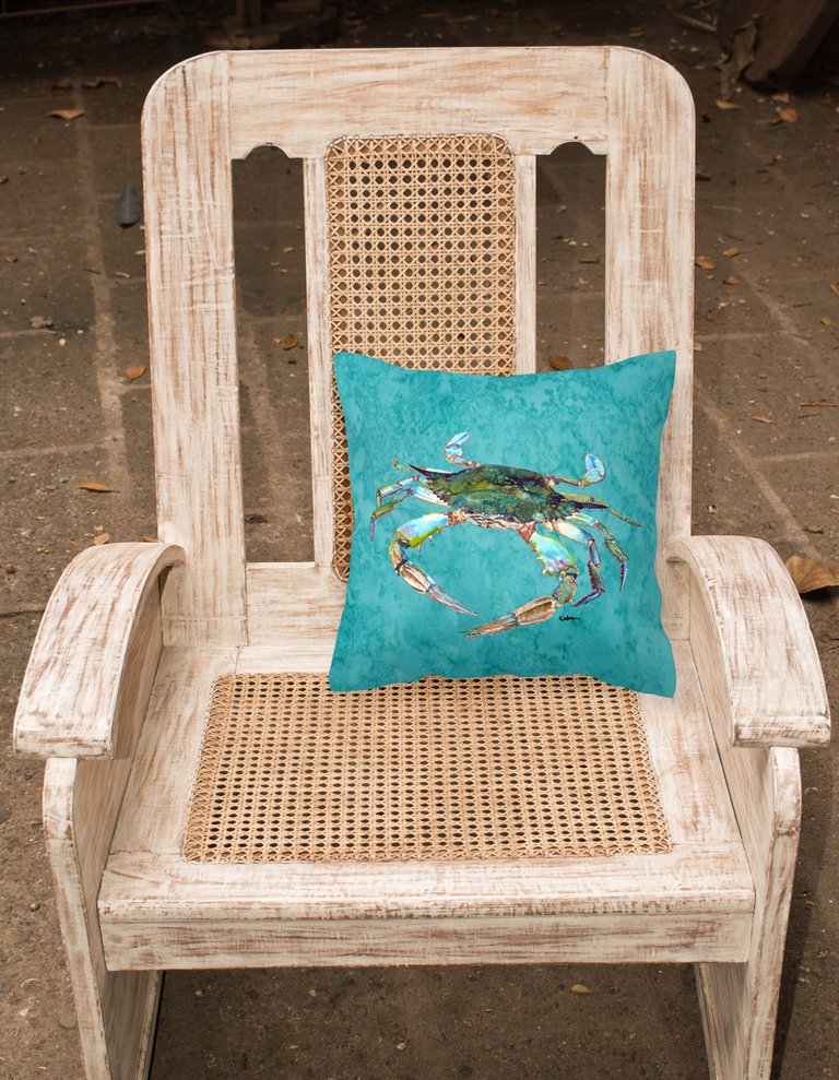 14 in x 14 in Outdoor Throw PillowBlue Crab on Teal Fabric Decorative Pillow