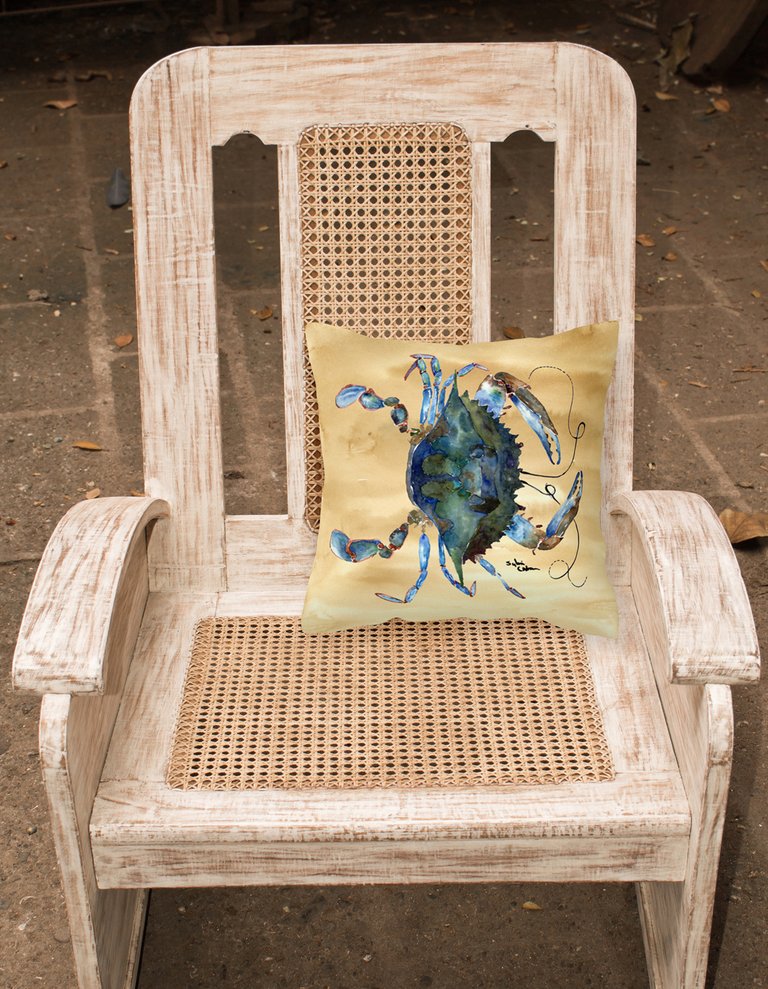 14 in x 14 in Outdoor Throw PillowBlue Male Crab  Sandy Beach Fabric Decorative Pillow