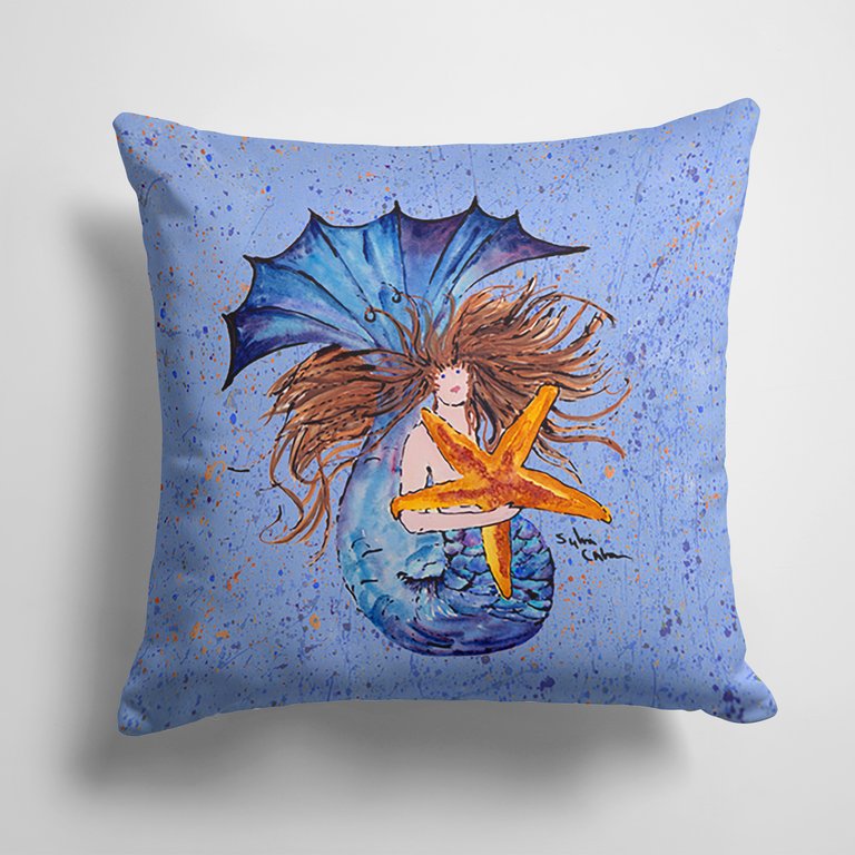 14 in x 14 in Outdoor Throw PillowBrown Headed Mermaid on Blue Fabric Decorative Pillow