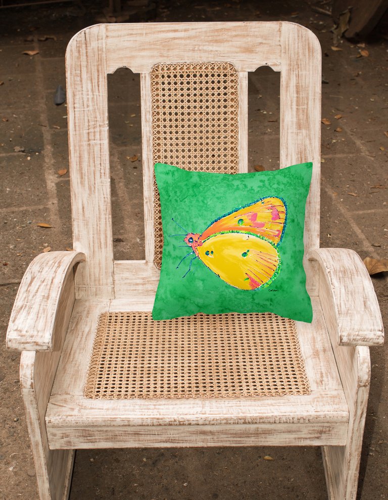 14 in x 14 in Outdoor Throw PillowButterfly Orange on Green Fabric Decorative Pillow