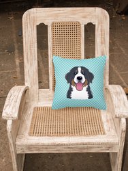 14 in x 14 in Outdoor Throw PillowCheckerboard Blue Bernese Mountain Dog Fabric Decorative Pillow