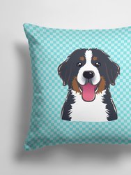 14 in x 14 in Outdoor Throw PillowCheckerboard Blue Bernese Mountain Dog Fabric Decorative Pillow