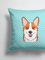 14 in x 14 in Outdoor Throw PillowCheckerboard Blue Corgi Fabric Decorative Pillow