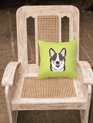 14 in x 14 in Outdoor Throw PillowCheckerboard Lime Green Corgi Fabric Decorative Pillow