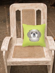 14 in x 14 in Outdoor Throw PillowCheckerboard Lime Green Gray Silver Shih Tzu Fabric Decorative Pillow