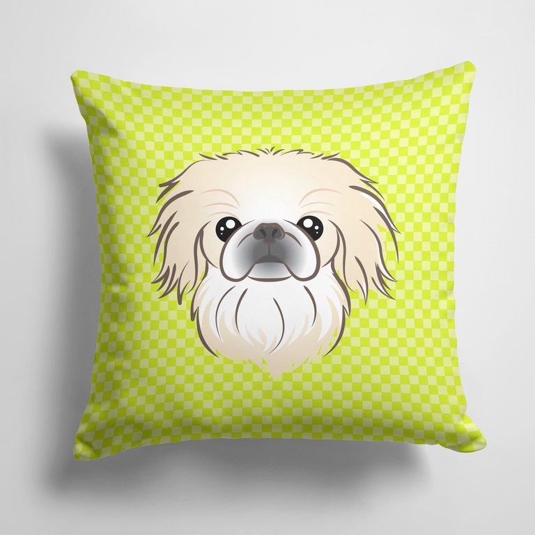 14 in x 14 in Outdoor Throw PillowCheckerboard Lime Green Pekingese Fabric Decorative Pillow