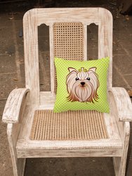 14 in x 14 in Outdoor Throw PillowCheckerboard Lime Green Yorkie Yorkishire Terrier Fabric Decorative Pillow