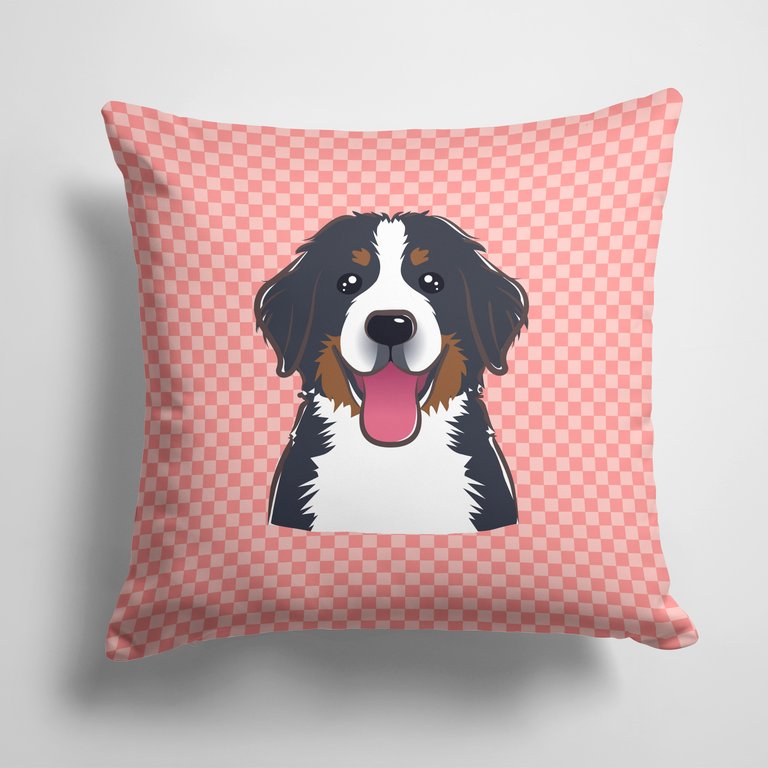14 in x 14 in Outdoor Throw PillowCheckerboard Pink Bernese Mountain Dog Fabric Decorative Pillow