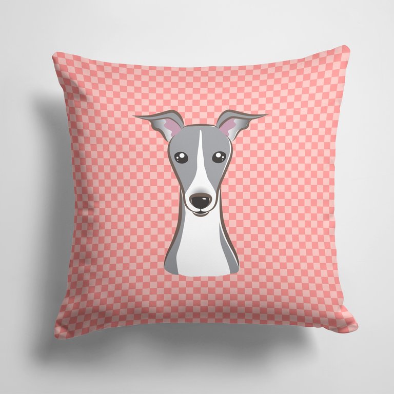 14 in x 14 in Outdoor Throw PillowCheckerboard Pink Italian Greyhound Fabric Decorative Pillow