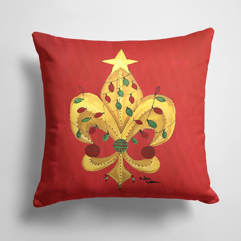 14 in x 14 in Outdoor Throw PillowChristmas Tree with Lights Fleur de lis Fabric Decorative Pillow