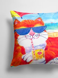 14 in x 14 in Outdoor Throw PillowCool Cat with Sunglasses at the beach Fabric Decorative Pillow