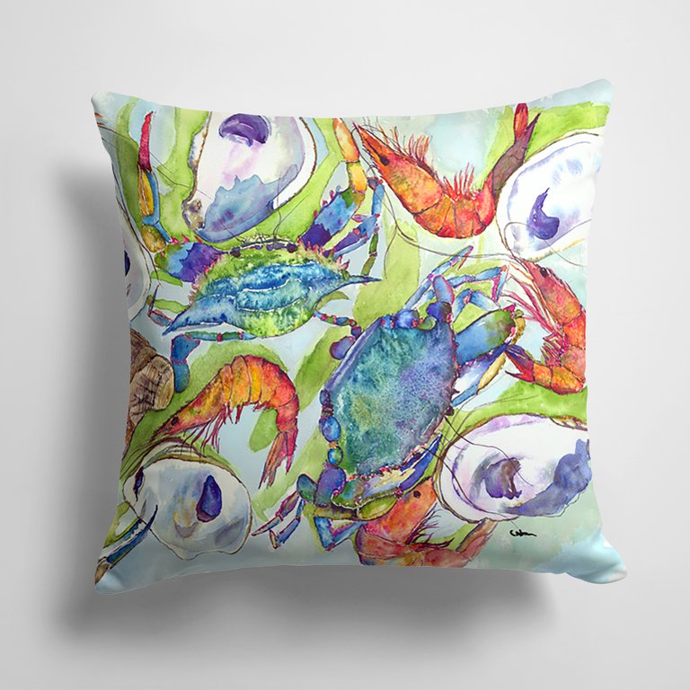 14 in x 14 in Outdoor Throw PillowCrabs, Shrimp and Oysters Fabric Decorative Pillow