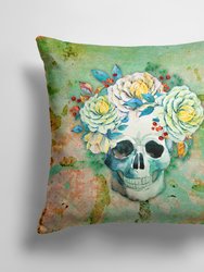 14 in x 14 in Outdoor Throw PillowDay of the Dead Skull with Flowers Fabric Decorative Pillow - Brown