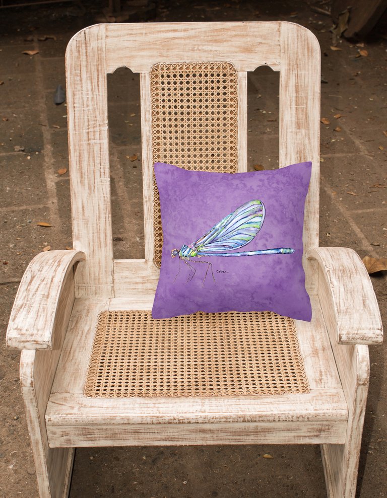 14 in x 14 in Outdoor Throw PillowDragonfly on Purple Fabric Decorative Pillow