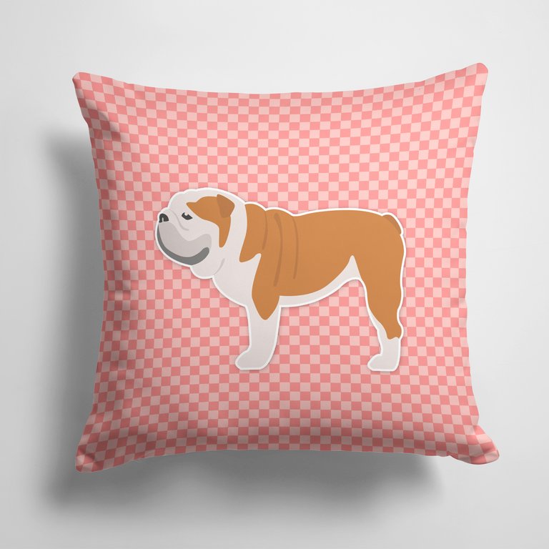 14 in x 14 in Outdoor Throw PillowEnglish Bulldog Checkerboard Pink Fabric Decorative Pillow