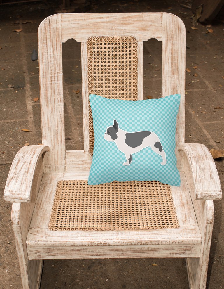 14 in x 14 in Outdoor Throw PillowFrench Bulldog Checkerboard Blue Fabric Decorative Pillow