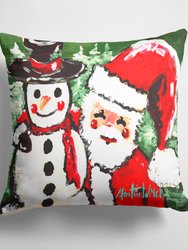 14 in x 14 in Outdoor Throw PillowFriends Snowman and Santa Claus Fabric Decorative Pillow