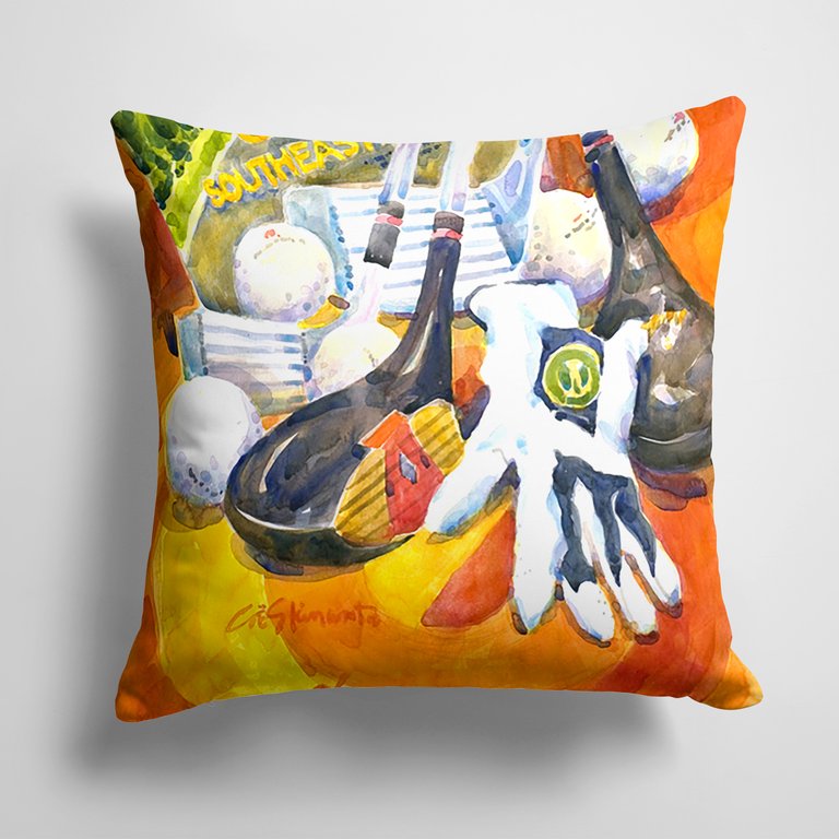 14 in x 14 in Outdoor Throw PillowGolf Clubs, Ball and Glove Fabric Decorative Pillow