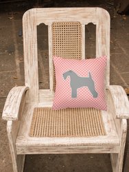 14 in x 14 in Outdoor Throw PillowKerry Blue Terrier Checkerboard Pink Fabric Decorative Pillow