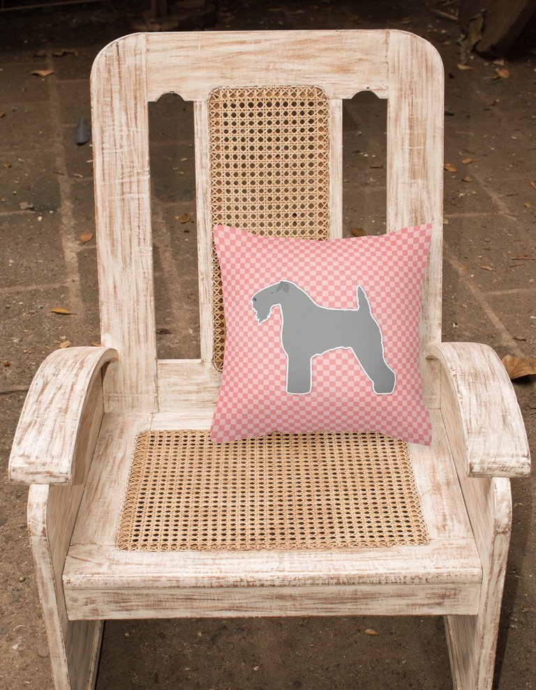14 in x 14 in Outdoor Throw PillowKerry Blue Terrier Checkerboard Pink Fabric Decorative Pillow