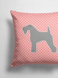 14 in x 14 in Outdoor Throw PillowKerry Blue Terrier Checkerboard Pink Fabric Decorative Pillow