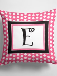14 in x 14 in Outdoor Throw PillowLetter E Monogram - Pink Black Polka Dots Fabric Decorative Pillow