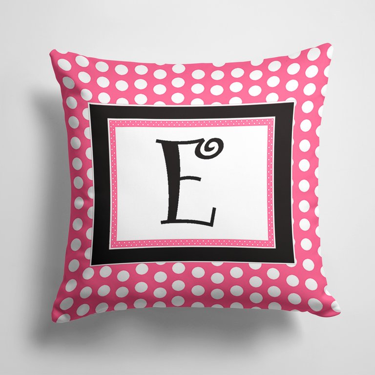 14 in x 14 in Outdoor Throw PillowLetter E Monogram - Pink Black Polka Dots Fabric Decorative Pillow