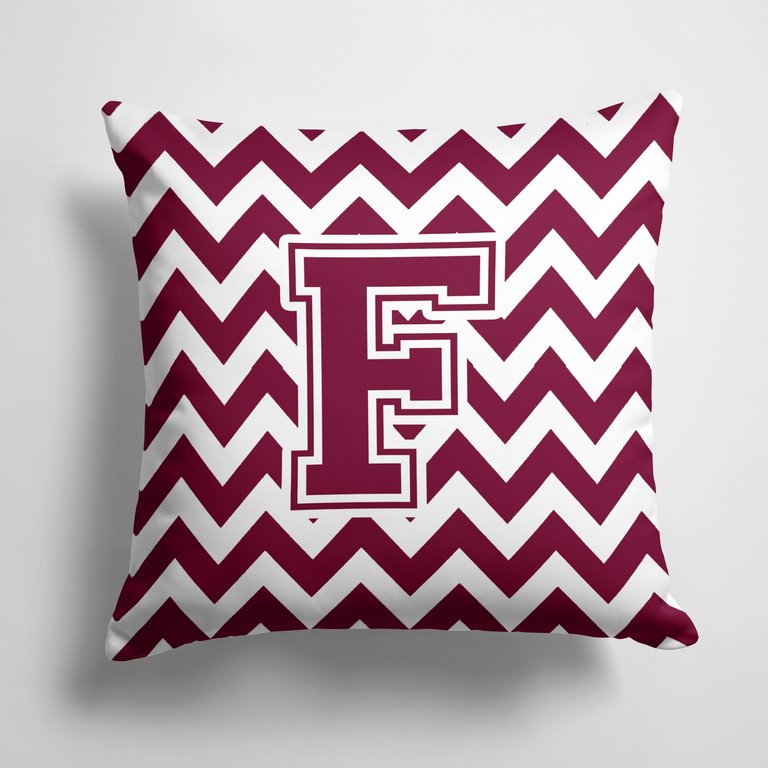 14 in x 14 in Outdoor Throw PillowLetter F Chevron Maroon and White  Fabric Decorative Pillow