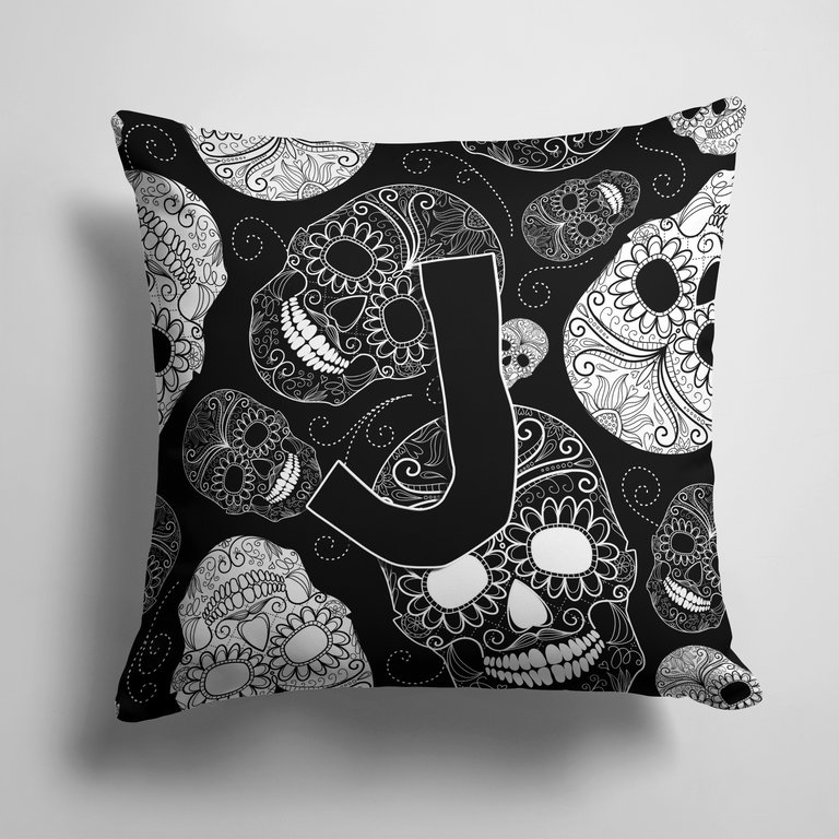 14 in x 14 in Outdoor Throw PillowLetter J Day of the Dead Skulls Black Fabric Decorative Pillow