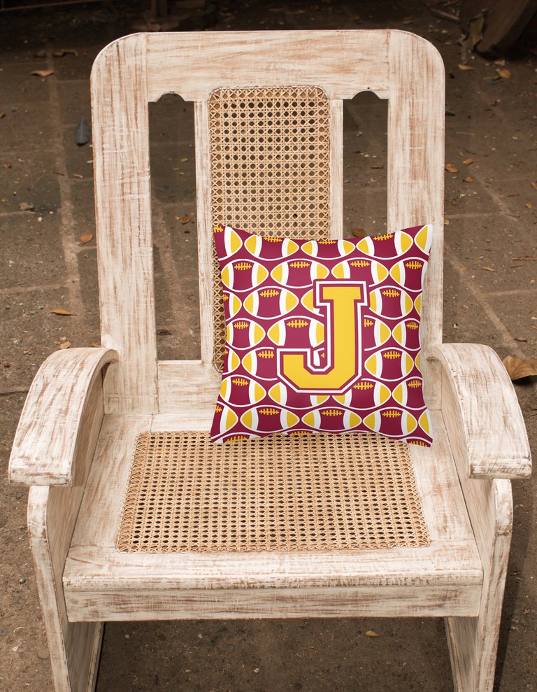 14 in x 14 in Outdoor Throw PillowLetter J Football Maroon and Gold Fabric Decorative Pillow