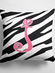 14 in x 14 in Outdoor Throw PillowLetter J Initial Zebra Stripe and Pink Fabric Decorative Pillow