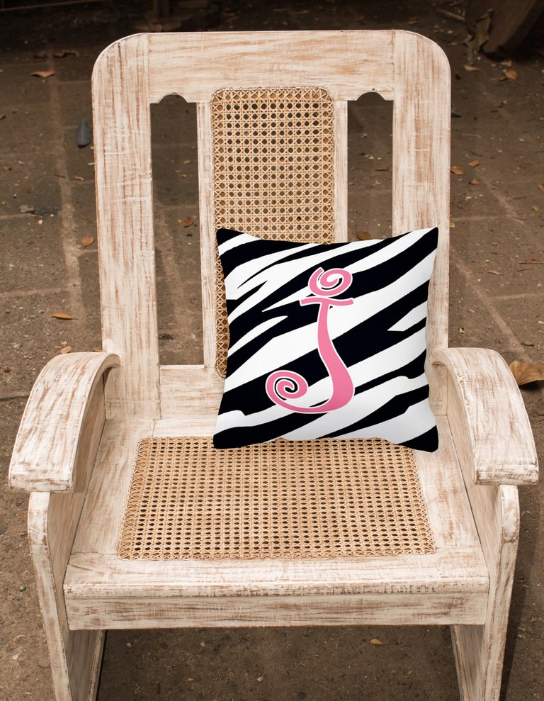 14 in x 14 in Outdoor Throw PillowLetter J Initial Zebra Stripe and Pink Fabric Decorative Pillow