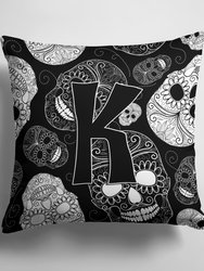 14 in x 14 in Outdoor Throw PillowLetter K Day of the Dead Skulls Black Fabric Decorative Pillow