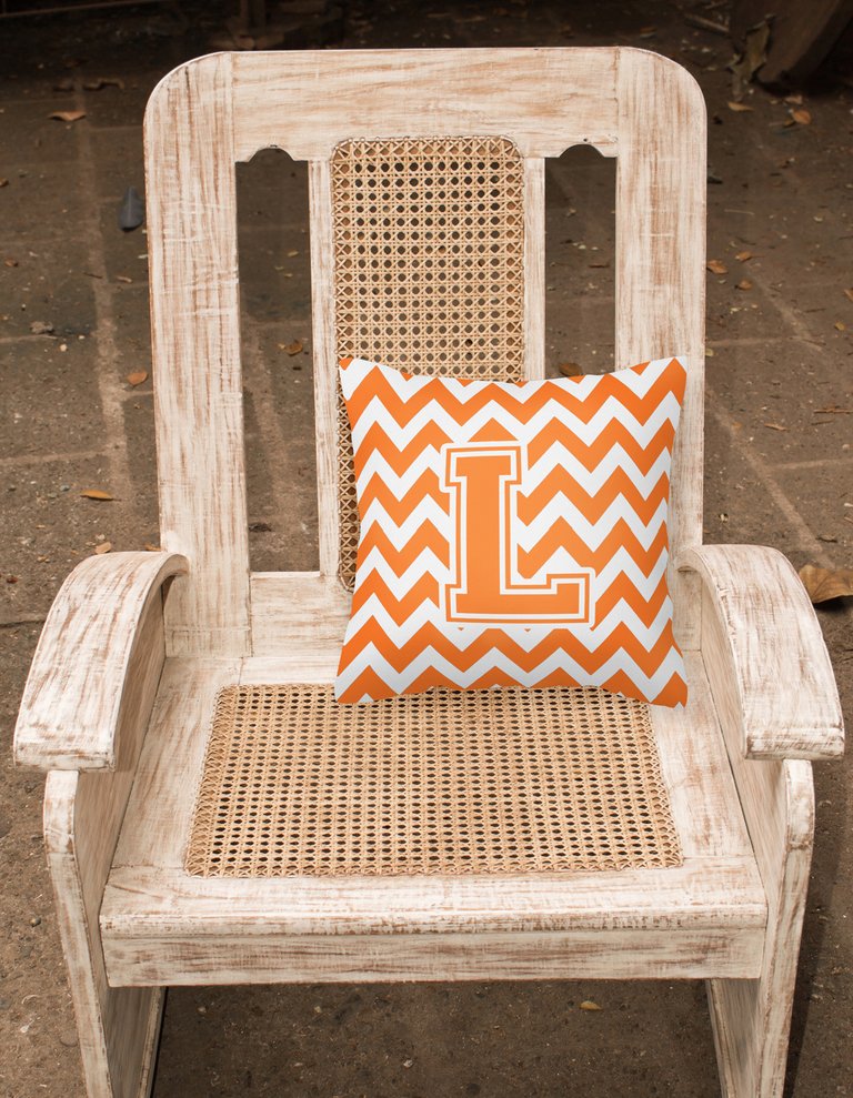 14 in x 14 in Outdoor Throw PillowLetter L Chevron Orange and White Fabric Decorative Pillow