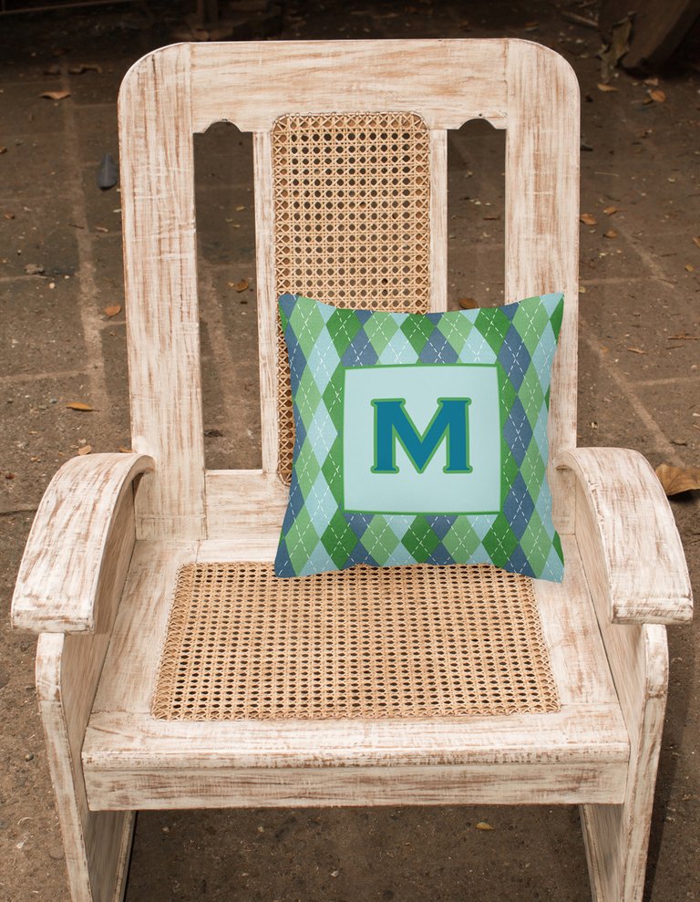 14 in x 14 in Outdoor Throw PillowLetter M Initial Monogram - Blue Argoyle Fabric Decorative Pillow