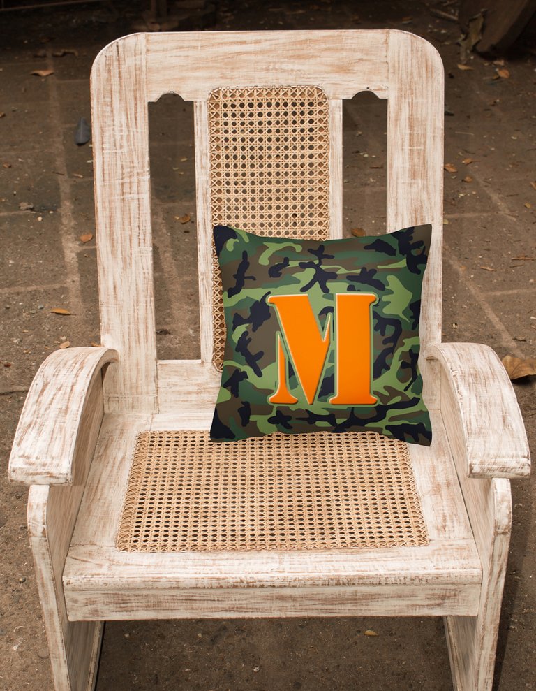 14 in x 14 in Outdoor Throw PillowLetter M Monogram - Camo Green Fabric Decorative Pillow