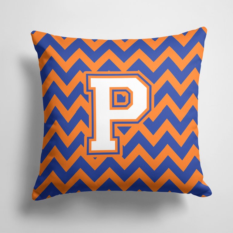 14 in x 14 in Outdoor Throw PillowLetter P Chevron Blue and Orange #3 Fabric Decorative Pillow