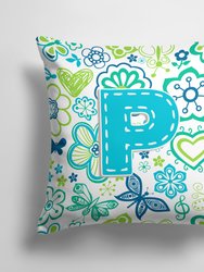 14 in x 14 in Outdoor Throw PillowLetter P Flowers and Butterflies Teal Blue Fabric Decorative Pillow