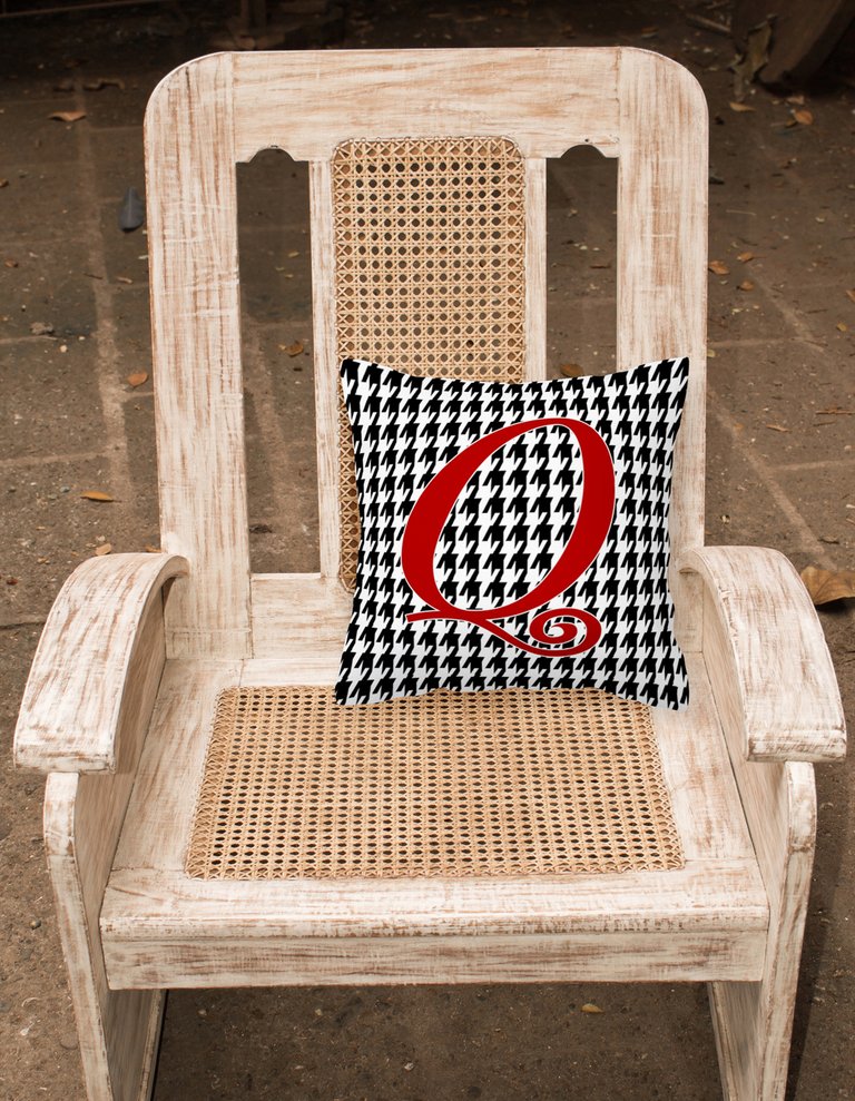 14 in x 14 in Outdoor Throw PillowLetter Q Initial Monogram - Houndstooth Black Fabric Decorative Pillow