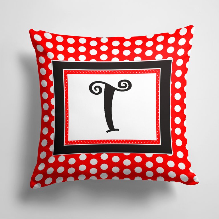 14 in x 14 in Outdoor Throw PillowLetter T Initial  - Red Black Polka Dots Fabric Decorative Pillow