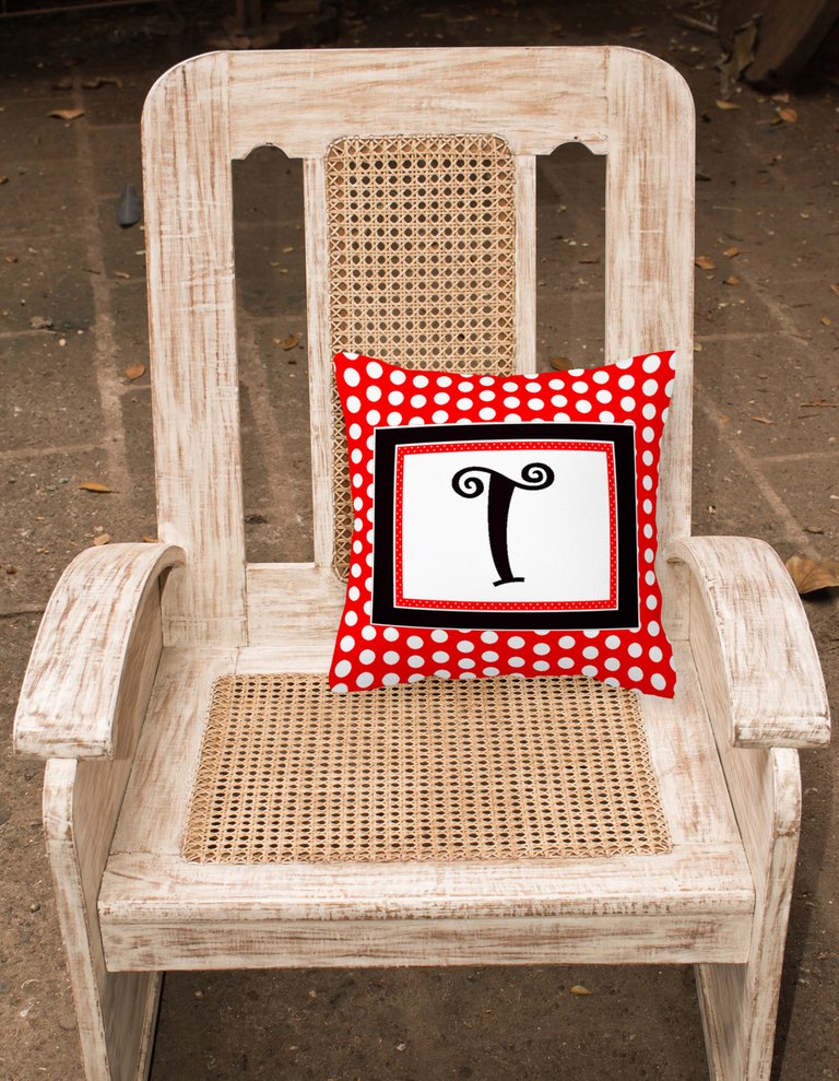 14 in x 14 in Outdoor Throw PillowLetter T Initial  - Red Black Polka Dots Fabric Decorative Pillow