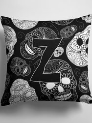 14 in x 14 in Outdoor Throw PillowLetter Z Day of the Dead Skulls Black Fabric Decorative Pillow