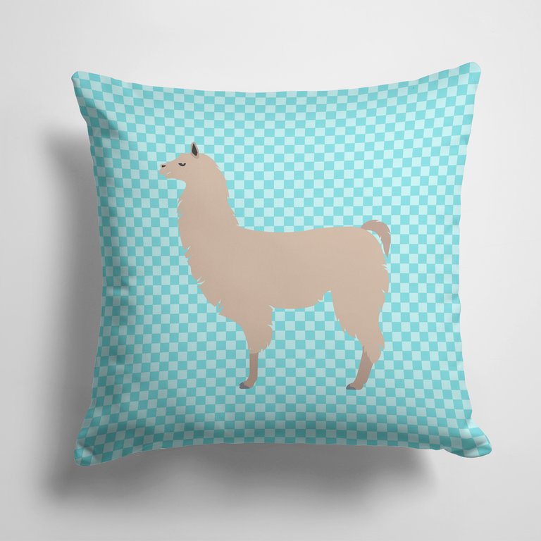 14 in x 14 in Outdoor Throw PillowLlama Blue Check Fabric Decorative Pillow