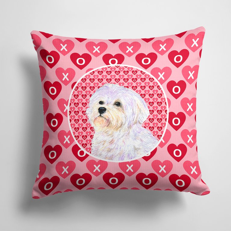 14 in x 14 in Outdoor Throw PillowMaltese Hearts Love and Valentine's Day Portrait Fabric Decorative Pillow