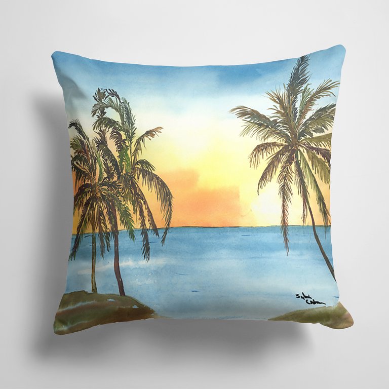 14 in x 14 in Outdoor Throw PillowPalm Tree Beach Scene Fabric Decorative Pillow