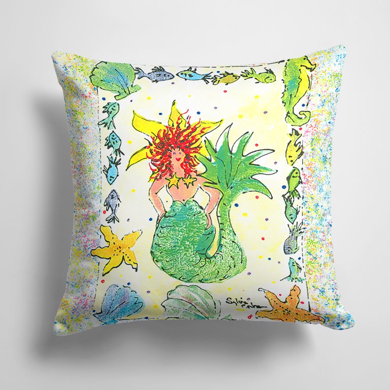 14 in x 14 in Outdoor Throw PillowRed Headed Funky Mermaid Fabric Decorative Pillow