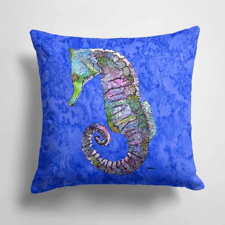 14 in x 14 in Outdoor Throw PillowSeahorse on Blue Fabric Decorative Pillow