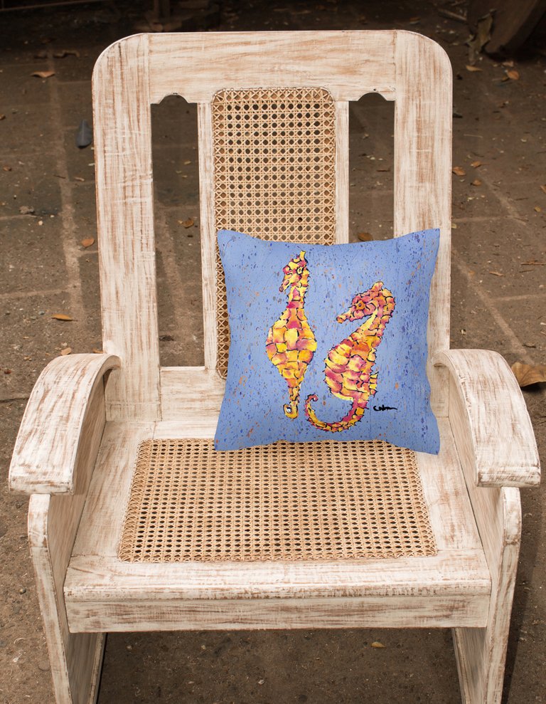 14 in x 14 in Outdoor Throw PillowSeahorses on Blue Fabric Decorative Pillow