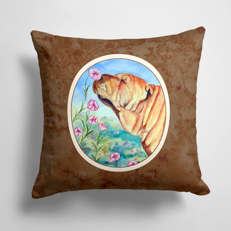 14 in x 14 in Outdoor Throw PillowShar Pei Smell the flowers  Fabric Decorative Pillow